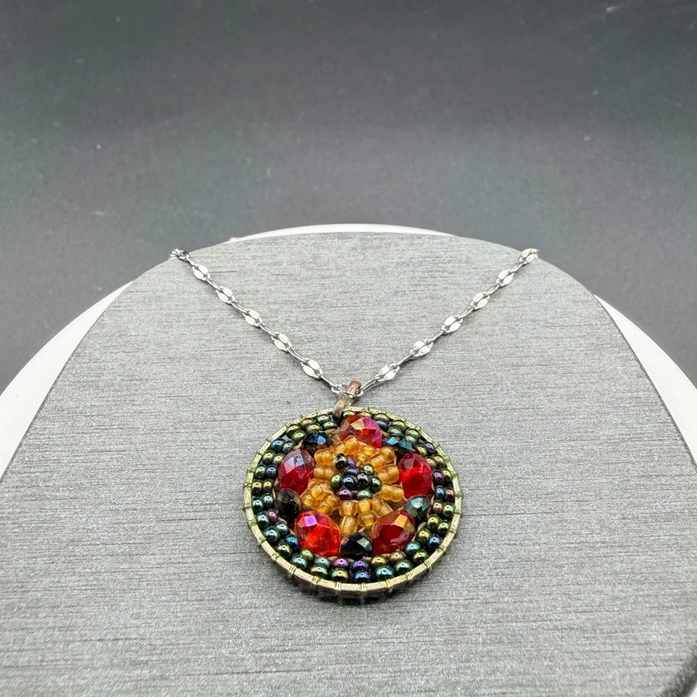 Multicolor Beaded Mosaic Pendant Necklace Stainless Steel Chain Boho Statement